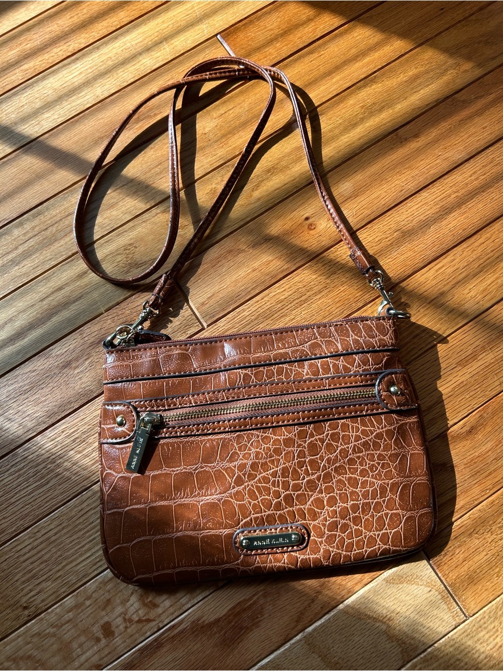 Anne Klein Brown Croc-Embossed Crossbody Bag
